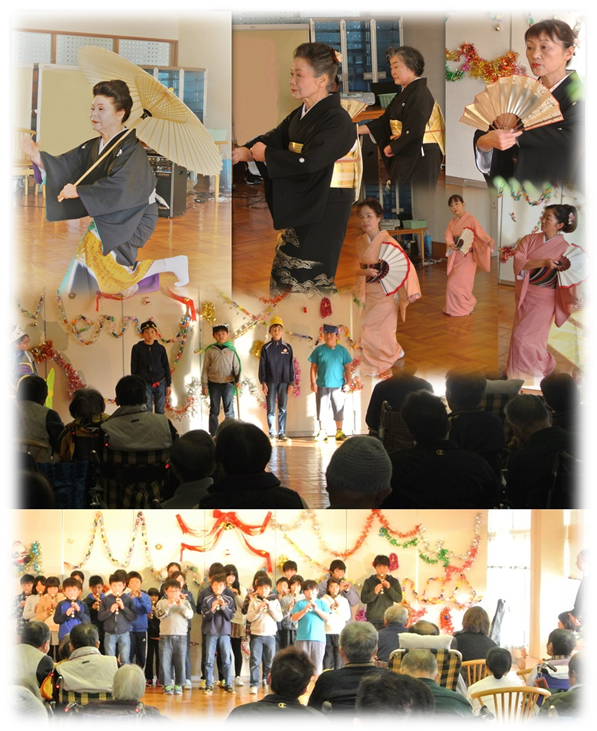 クリスマス会での女性が日本舞踊を踊る様子と、小学生による演劇の様子のコラージュ画像