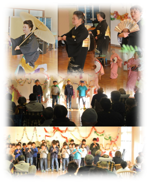 クリスマス会での女性が日本舞踊を踊る様子と、小学生による演劇の様子のコラージュ画像
